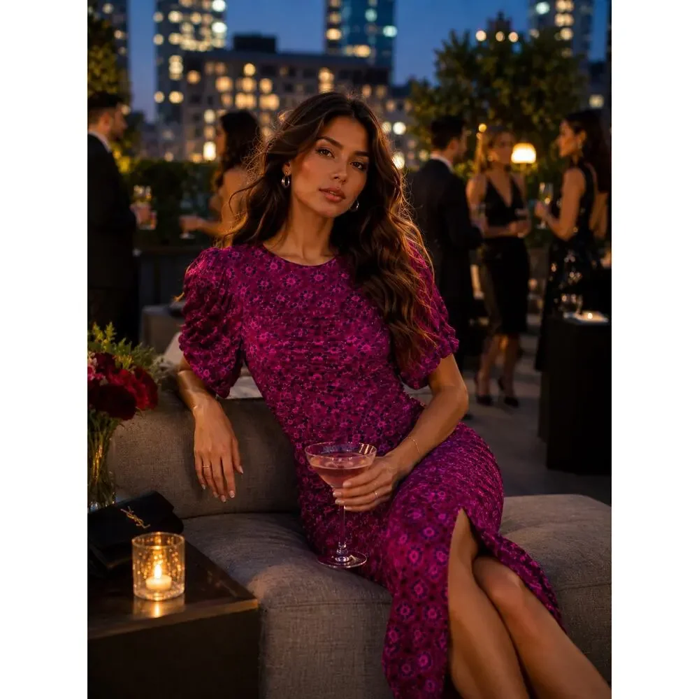 Free People Briella Midi Dress in Fuchsia Combo NWOT Size XS